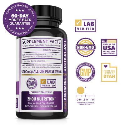 Zhou Nutrition Garlic Supplement With Allicin, Extra Strength 5000mcg Allicin Per Serving, Support Immune System, Blood Pressure And Cholesterol Health, 90 Servings