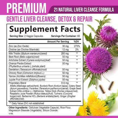 Liver Cleanse Detox & Repair Formula - Herbal Liver Support Supplement with Milk Thistle with Silymarin, Artichoke Extract, Dandelion, Beet, Chicory Root, & Turmeric for Liver Health - 120 Capsules