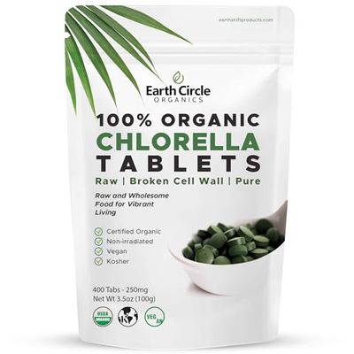 Organic Chlorella Tablets | Kosher | Potent Supplement, All-Natural Chlorophyll, Green Algae superfood, Broken Cell Wall | High in Protein &amp; Iron, no additives, Vegan - 400 Tablets
