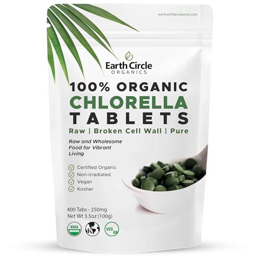 Organic Chlorella Tablets | Kosher | Potent Supplement, All-Natural Chlorophyll, Green Algae superfood, Broken Cell Wall | High in Protein &amp; Iron, no additives, Vegan - 400 Tablets