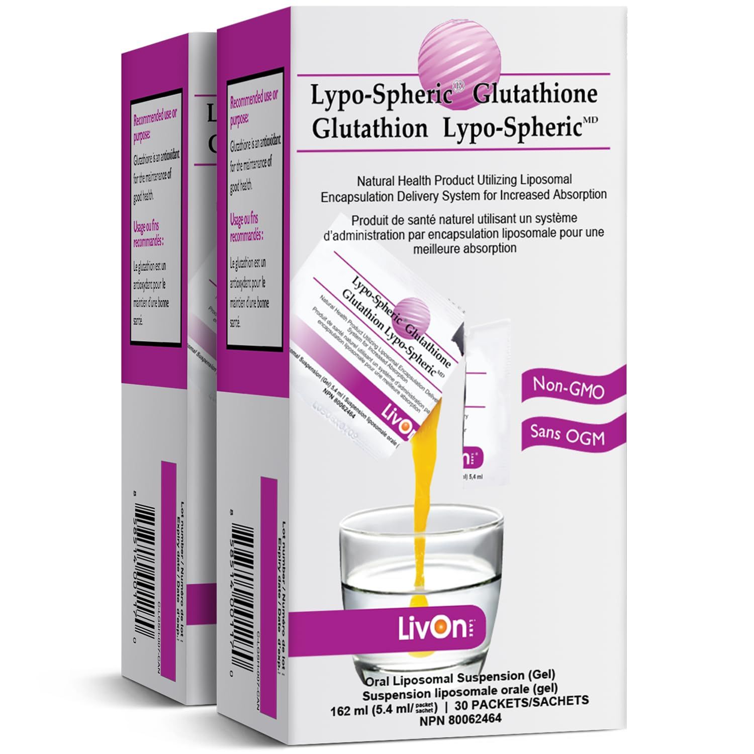 Lypo-Spheric Glutathione - 2 Cartons (60 Packets) - 450 mg Glutathione Per Packet - Liposome Encapsulated for Improved Absorption- Professionally Formulated, 100% Non-GMO