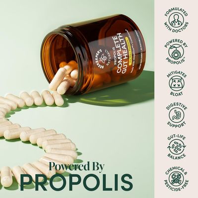 Beekeeper's Naturals Complete Gut Health, 3-in-1 Prebiotic, Postbiotic, Probiotics for Digestive Health &amp; Bloating Relief for Women &amp; Men, Propolis Powered, Gluten-Free Vegan Capsules, 60ct