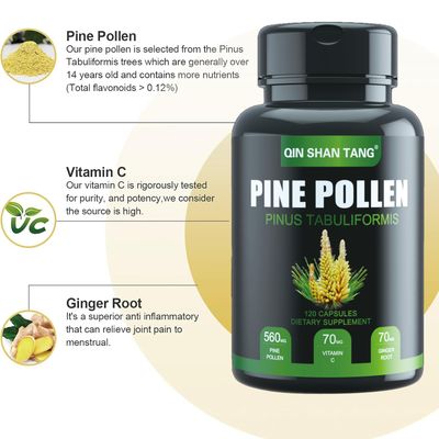 QIN SHAN TANG Pine Pollen Supplement wtih Ginger Root and Vitamin C, 99% Cracked Cell Wall,120 Veggie CapsulesFocusImmune Improve