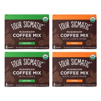 Four Sigmatic Mushroom Coffee Mix Pack of 4 - Lion&#39;s Mane and Chaga &amp; Cordyceps and Chaga - 10 Packets Per Box