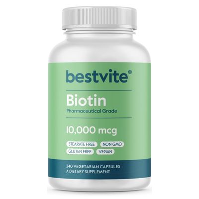 BESTVITE Biotin 10,000mcg (240 Vegetarian Capsules) - No Stearates - No Dicalcium Phosphate - No Artificial Sweeteners - No Flavors - No Flow Agents - Vegan - Non GMO - Gluten Free