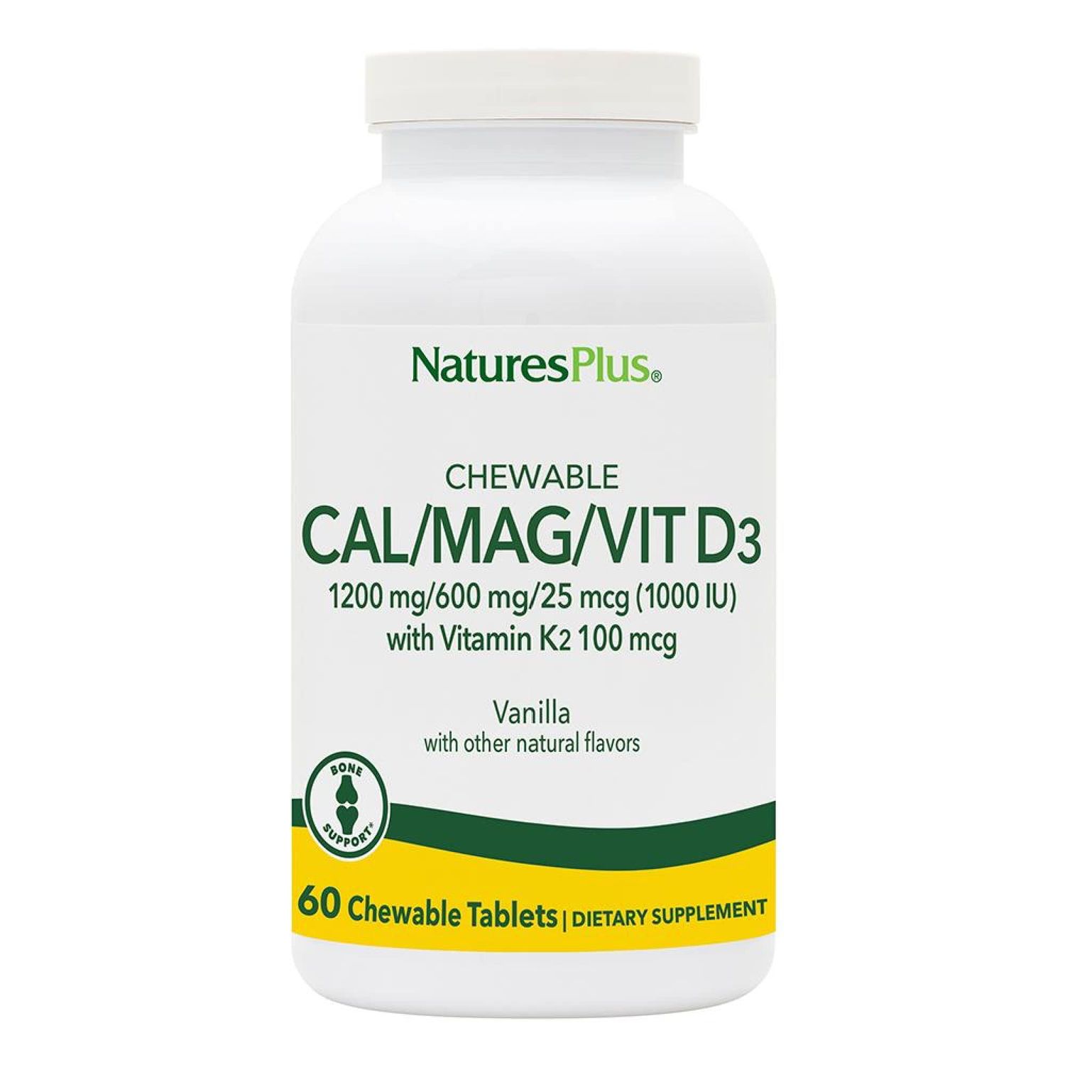 Natures Plus Chewable Cal/Mag/VIT D3 with Vitamin K2-60 Chewable Tablets - Vanilla Flavor - Bone Health Supplement with Calcium, Magnesium, Vitamin D3 and K2 - Gluten-Free - 30 Servings