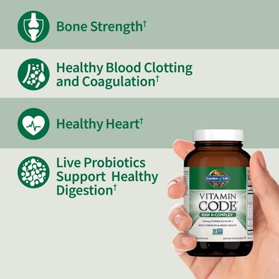 Garden of Life Vitamin K2 and K1, Vitamin Code Vegan K Complex Vitamin for Bone Strength and Heart Health, Vitamin K1 and K2, Omega Rich Flax Seed Oil, Trace Minerals, Probiotics, 60 Day Supply