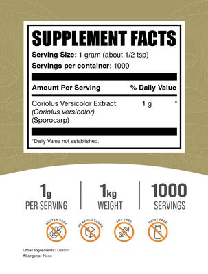 BulkSupplements.com Turkey Tail Mushroom Extract Powder - Coriolus Versicolor Extract, Turkey Tail Mushroom Powder - Vegan & Gluten Free, 1000mg per Serving. 1kg (2.2 lbs) (Pack of 1)