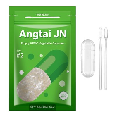 Angtai JN Empty Capsules Size 2 Vegan Empty Pill Capsules Vegetable Clear (100 Count) with 2 Filling Spoons for DIY Your Own Supplements