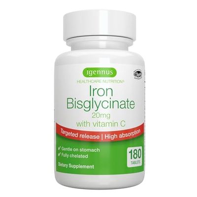 High Absorption Chelated Iron Bisglycinate 20mg with Vitamin C, 6 Month Supply, Gentle Formula, Clean Label &amp; Targeted Release, One Daily, Vegan, 180 Tablets, by Igennus
