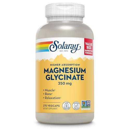 Solaray Magnesium Glycinate, New &amp; Improved Fully Chelated Bisglycinate with BioPerine, High Absorption Formula, Stress, Bones, Muscle &amp; Relaxation Support, 60 Day Guarantee, 68 Servings, 275 VegCaps