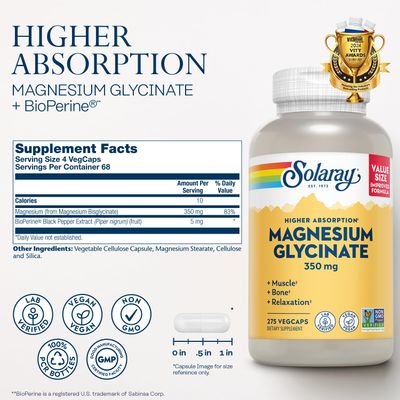 Solaray Magnesium Glycinate, New &amp; Improved Fully Chelated Bisglycinate with BioPerine, High Absorption Formula, Stress, Bones, Muscle &amp; Relaxation Support, 60 Day Guarantee, 68 Servings, 275 VegCaps