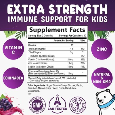 Kids Immune Support Gummy - Vitamin C, Zinc & Echinacea, Daily Children's Immune Support Gummies for Kids Ages 4 and Up, Nature's Vitamins for Kids, Vegan & Non-GMO, Natural Berry Flavor - 120 Gummies