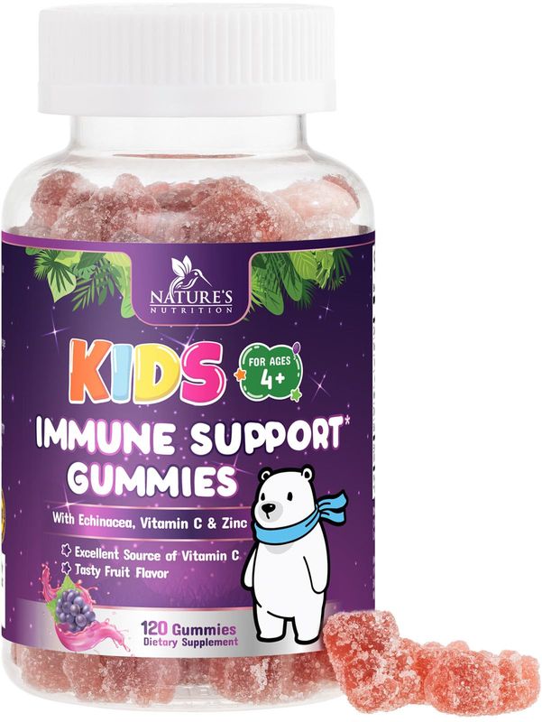 Kids Immune Support Gummy - Vitamin C, Zinc &amp; Echinacea, Daily Children's Immune Support Gummies for Kids Ages 4 and Up, Nature's Vitamins for Kids, Vegan &amp; Non-GMO, Natural Berry Flavor - 120 Gummies
