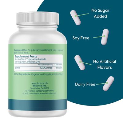 BESTVITE Biotin 10,000mcg (240 Vegetarian Capsules) - No Stearates - No Dicalcium Phosphate - No Artificial Sweeteners - No Flavors - No Flow Agents - Vegan - Non GMO - Gluten Free