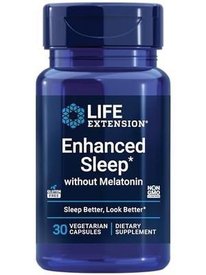 Life Extension Enhanced Sleep Without Melatonin, ashwagandha, amla, Casein Milk peptides, melatonin-Free Supplement for Sleep &amp; Stress Support, Gluten-Free, Non-GMO, Vegetarian, 30 Capsules