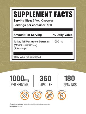 BulkSupplements.com Turkey Tail Mushroom Capsules - Coriolus Versicolor Extract, Turkey Tail Mushroom Extract - Vegan & Gluten Free, 2 Capsules per Serving, 360 Veg Capsules (Pack of 1)