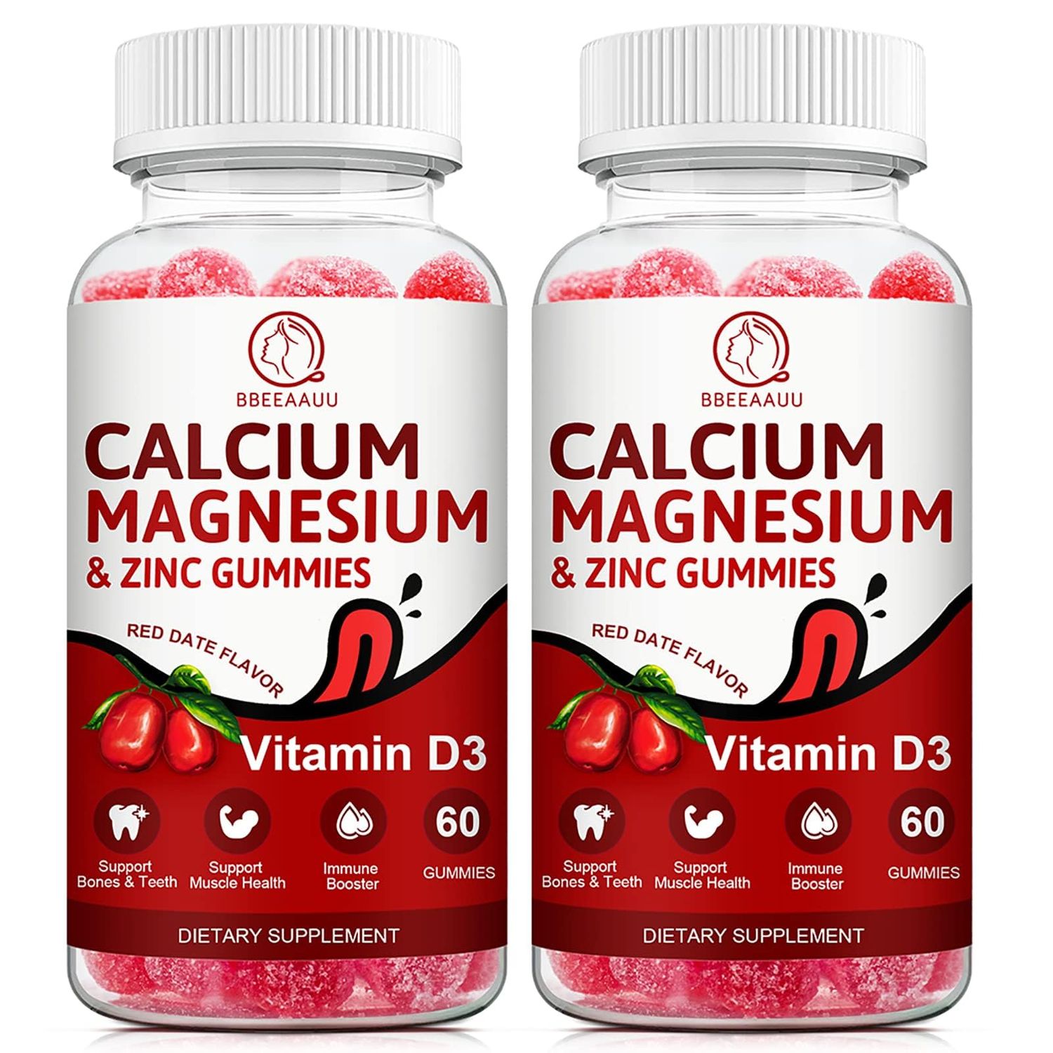 BBEEAAUU Calcium, Magnesium, Zinc &amp; Vitamin D Gummies - 2 Pack | Vitamins for Women, Men &amp; Kids | Calcium Supplements for Strong Healthy Bones, Zinc Gummies, Gluten-Free, Vegan - 120 Count