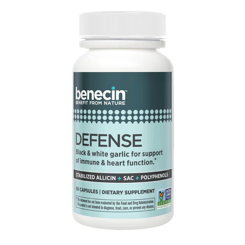 Benecin Defense 1500 mcg Stabilized Allicin per Capsule | Plus high Amounts of SAC &amp; Polyphenols from Black Garlic | Powerful Support of Immune &amp; Heart Function Vegetarian Caps (1 Count (Pack of 60))
