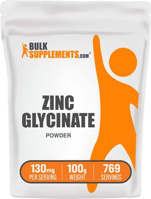 BulkSupplements.com Zinc Glycinate Powder - Zinc Supplement, Zinc 40mg, Zinc Glycinate Supplement for Immune Support - Gluten Free, 130mg per Serving, 100g (3.5 oz) (Pack of 1)