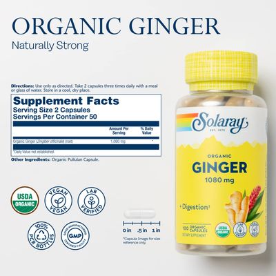 Solaray Organically Grown Ginger Root 540mg Healthy Cardiovascular, Digestive, Joint &amp; Menstrual Cycle Support Vegan &amp; Non-GMO 100 VegCaps