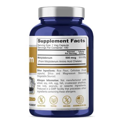 NusaPure Chelated Molybdenum 500 mcg 180 Vegetarian Caps (Vegan, Non-GMO)