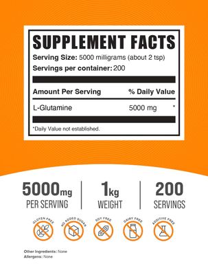 BulkSupplements.com L-Glutamine Powder - Glutamine Supplement, L-Glutamine 5000mg, L Glutamine Powder - Unflavored & Gluten Free, 5000mg per Serving, 1kg (2.2 lbs) (Pack of 1)