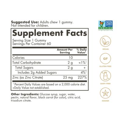 Solgar Zinc Gummies Adult Vitamin with 25mg Ultra Potency Zinc Citrate for Immune Support - Mixed Fruit Flavor, Vegan, Kosher &amp; Gluten Free Gummy Supplements for Women &amp; Men, 2g Sugar, 60 Servings