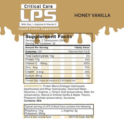 Nutritional Designs LPS Liquid Collagen & Whey Protein Supplement, Sugar-Free, Non-GMO Drink, Promotes Healthy Skin & Hair for Men & Women. (Critical Care) Honey Vanilla