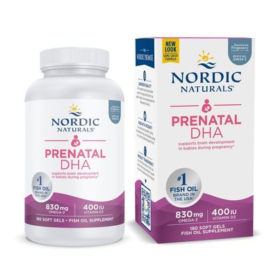 Nordic Naturals Prenatal DHA, Unflavored - 180 Soft Gels - 830 mg Omega-3 + 400 IU Vitamin D3 - Supports Brain Development in Babies During Pregnancy &amp; Lactation - Non-GMO - 90 Servings