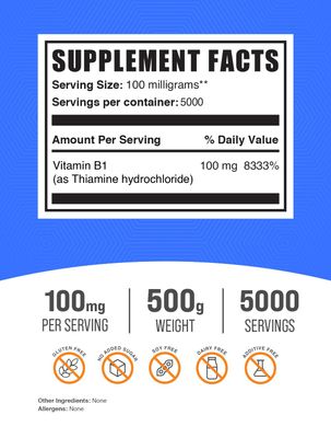 BulkSupplements.com Thiamine HCl Powder - Thiamine Hydrochloride, B1 Vitamins, Thiamine B1 Supplement, Thiamine 100mg - Gluten Free, 100mg per Serving, 500g (1.1 lbs) (Pack of 1)
