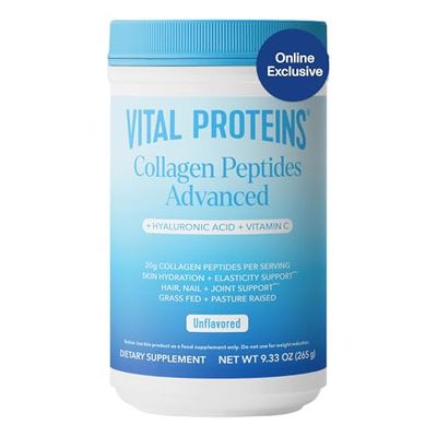Vital Proteins Grass Fed Collagen Powder Supplement Hydrolyzed Peptides with Hyaluronic Acid and Vitamin C - Non-GMO, Dairy &amp; Gluten Free Unflavored, 9.33oz