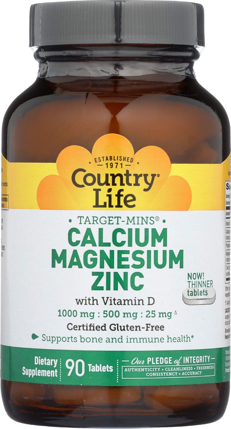 Country Life Calcium Magnesium Zinc with Vitamin D3 and L-Glutamic Acid, Dietary Supplement for Bone Support, Certified Gluten Free, 1000mg/500mg/25mg, 90 Tablets