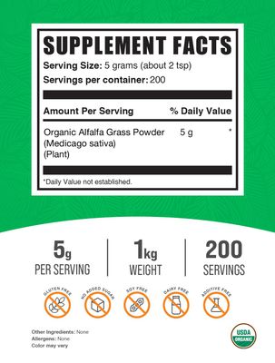 BulkSupplements.com Organic Alfalfa Grass Powder - Alfalfa Supplement, Green Superfood Powder, Alfalfa Powder Organic - Vegan &amp; Gluten Free, 5g per Serving, 1kg (2.2 lbs) (Pack of 1)
