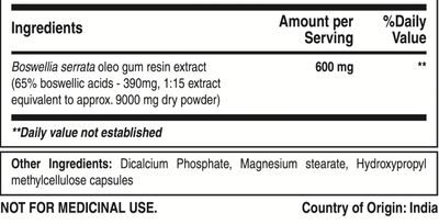 Pure Nutrition Boswellia Serrata Extract 600mg with 65% Boswellic Acids. (Equivalent to 9000mg Boswellia Powder) Non GMO | 60 Veg Caps.