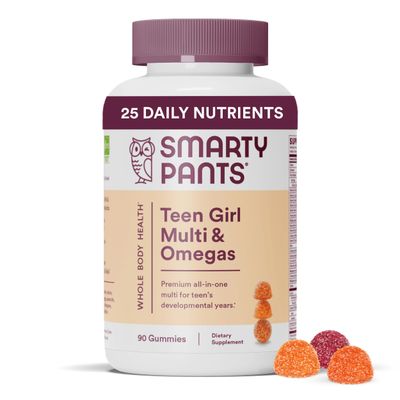 SmartyPants Teen Girl Multivitamin Gummies: Omega 3 Fish Oil (EPA/DHA), Vitamin C, D3, B12, Vitamin A, K &amp; Zinc, Gluten Free, Great Stocking Stuffers, Gifts for Teen Girls, 90 Count (22 Day Supply)