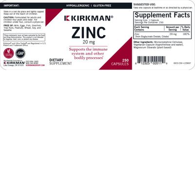 Kirkman - Zinc 20mg - 250 Capsules - Immune Support - High Absorption - Hypoallergenic