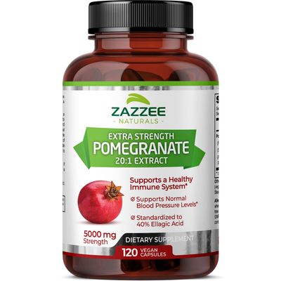 Zazzee Extra Strength Pomegranate 20:1 Extract, 5000 mg Strength, 40% Ellagic Acid, 120 Vegan Capsules, 4 Month Supply, Standardized, Concentrated 20X Extract, 100% Vegetarian, All-Natural and Non-GMO