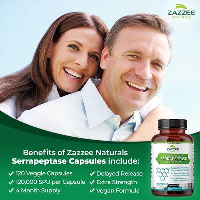 Zazzee Delayed Release Serrapeptase, 120,000 SPU per Capsule, 120 Vegan Capsules, 4 Month Supply, Extra Strength, Potent and Concentrated Systemic Enzymes, 100% Vegetarian, All-Natural and Non-GMO