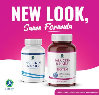 1 Body Hair Skin and Nails Vitamins with Biotin - Contains 26 Vitamins, Minerals and Herb Extracts - Hair and Nail Growth, Glowing Skin Supplements Formula for Men and Women - 60 Vegan Capsules