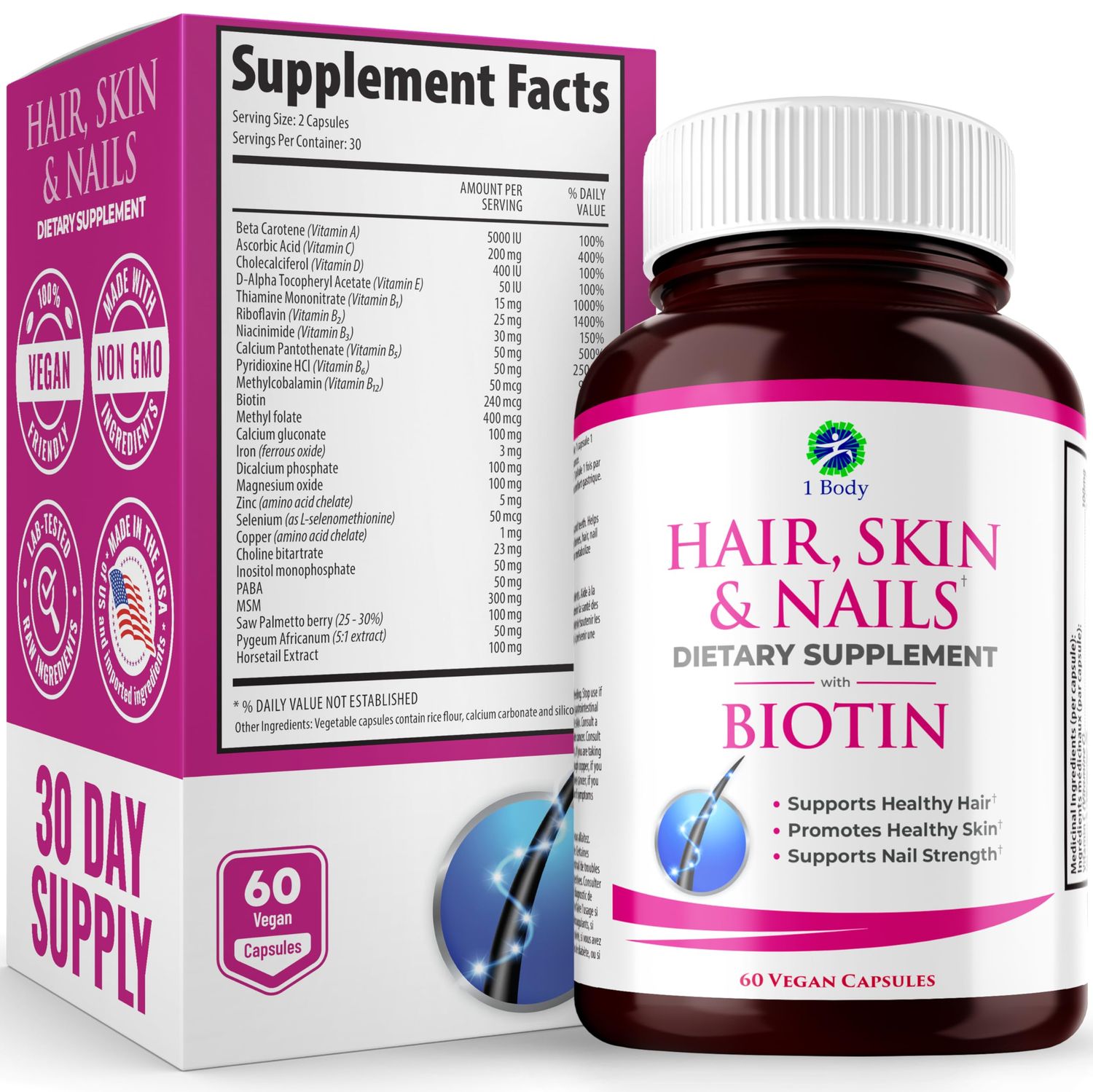 1 Body Hair Skin and Nails Vitamins with Biotin - Contains 26 Vitamins, Minerals and Herb Extracts - Hair and Nail Growth, Glowing Skin Supplements Formula for Men and Women - 60 Vegan Capsules