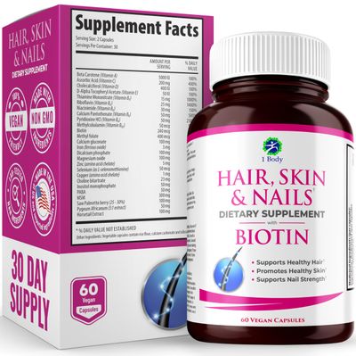1 Body Hair Skin and Nails Vitamins with Biotin - Contains 26 Vitamins, Minerals and Herb Extracts - Hair and Nail Growth, Glowing Skin Supplements Formula for Men and Women - 60 Vegan Capsules