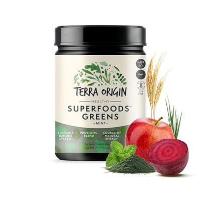 TERRA ORIGIN Superfoods Greens for Immune Defense and Digestive Support | with Spirulina, Probiotics, Organic Vegetables, Digestive Enzymes | Non-GMO | 30 Servings | Mint Flavor