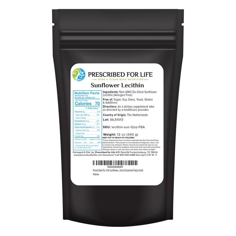 Prescribed For Life Sunflower Lecithin Powder | Unbleached, Gluten Free, Vegan, Non-GMO, Soy Free, Kosher | Naturally Rich in Choline &amp; Essential Fatty Acids (12 oz / 340 g)