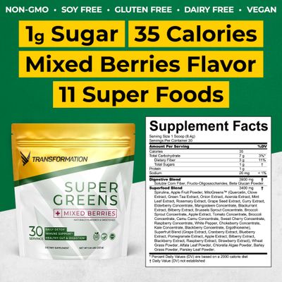 Transformation Super Greens Superfood Green Juice Powder - Immune &amp; Energy Support | Natural Ingredients | Detoxifying &amp; Alkalizing Minerals - Spirulina, Chlorella, Wheatgrass, Spinach, Alfalfa