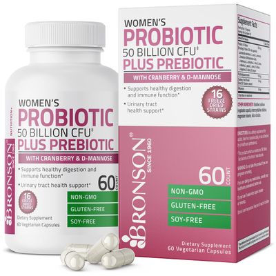 Bronson Women&#39;s Probiotic 50 Billion CFU + Prebiotic with Cranberry &amp; D-Mannose - Vaginal Health, Healthy Digestion, Immune Function and Urinary Tract Support, Non-GMO, 60 Vegetarian Capsules