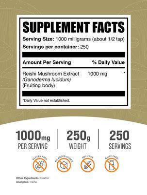 BulkSupplements.com Reishi Mushroom Extract Powder - Ganoderma Lucidum, Reishi Mushroom Supplement - Reishi Mushroom Powder, Gluten Free, 1000mg per Serving, 250g (8.8 oz) (Pack of 1)