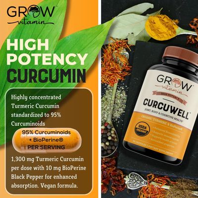 Grow Vitamin Curcumin+ Ultra: Organic High-Potency Blend | Maximum Strength Turmeric Formula with 95% Curcuminoids | USDA Certified | 30-Day Supply