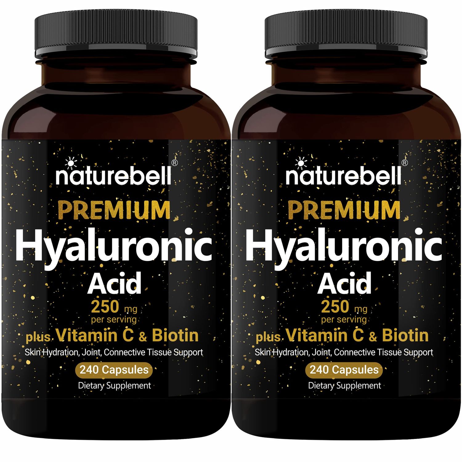 NatureBell 2 Pack Plant Based Hyaluronic Acid Supplements 250mg with 25mg Vitamin C &amp; Biotin 5000mcg, 480 Total Capsules | Essential for Hair Growth, Joint Support, &amp; Hydrating Skin | Non-GMO