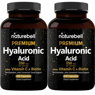 NatureBell 2 Pack Plant Based Hyaluronic Acid Supplements 250mg with 25mg Vitamin C &amp; Biotin 5000mcg, 480 Total Capsules | Essential for Hair Growth, Joint Support, &amp; Hydrating Skin | Non-GMO
